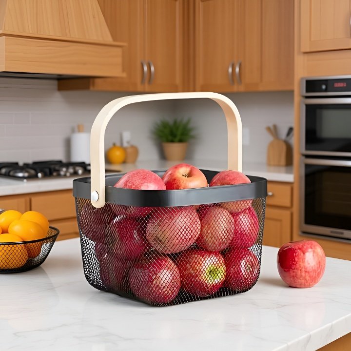 Portable Metal Mesh Fruit Basket with Wooden Handle for Home & Kitchen