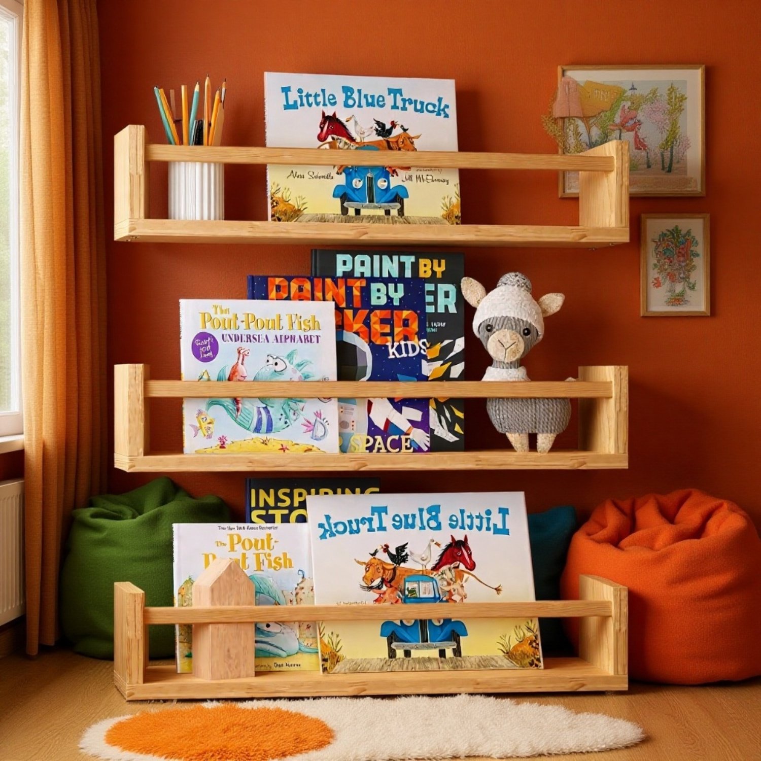 天然木製壁掛け収納棚 キッチン調味料ラック