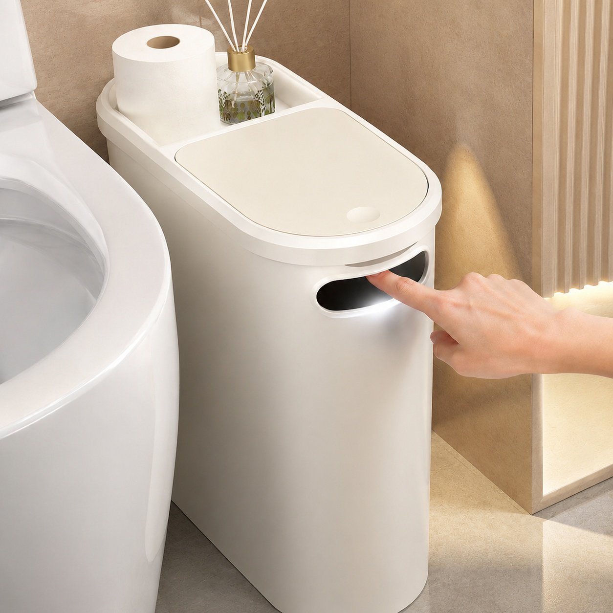 Slim trash can with hands-free opening mechanism