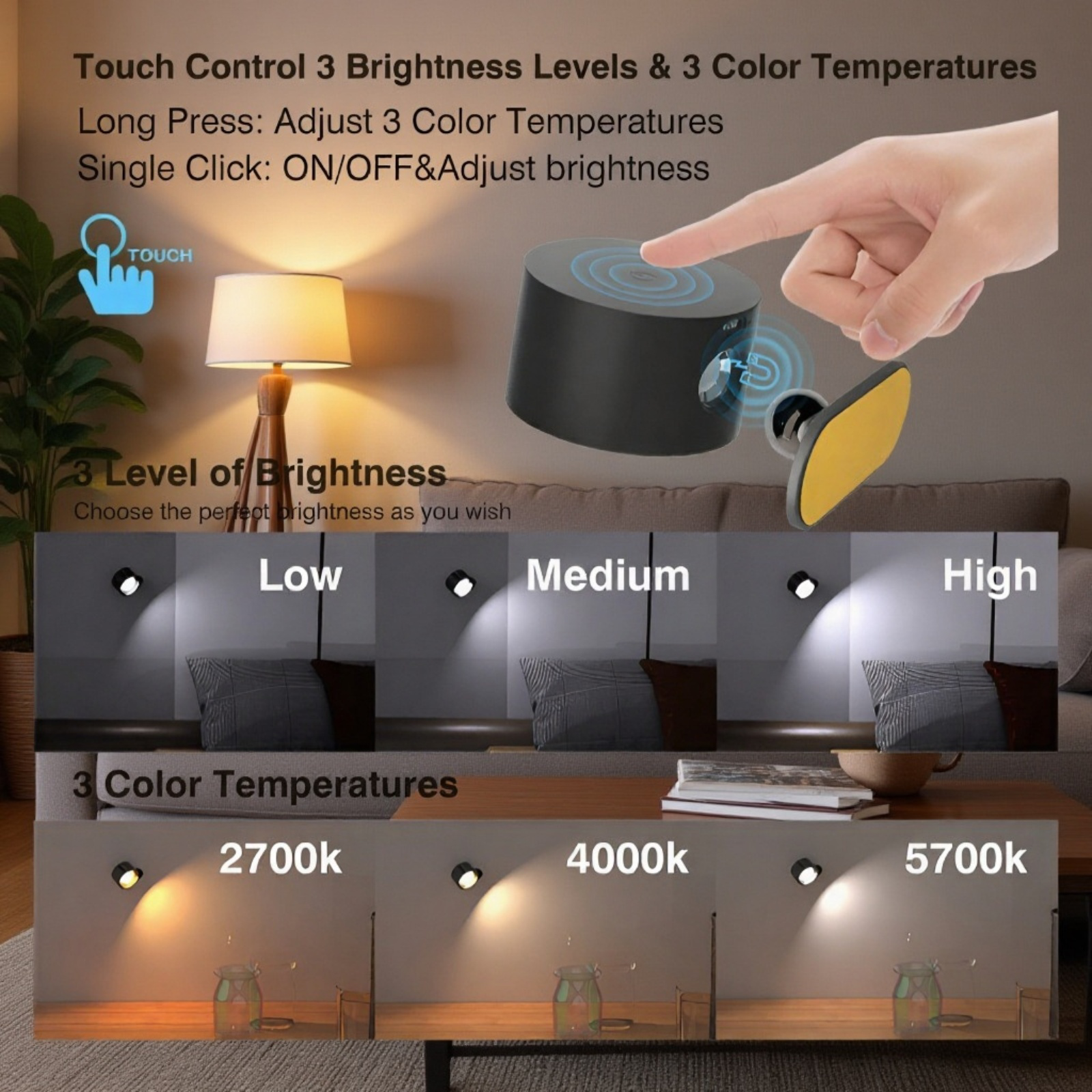 Portable USB Rechargeable Wall Lamp, Touch Adjustable Night Light, Magnetic Cabinet Lamp
