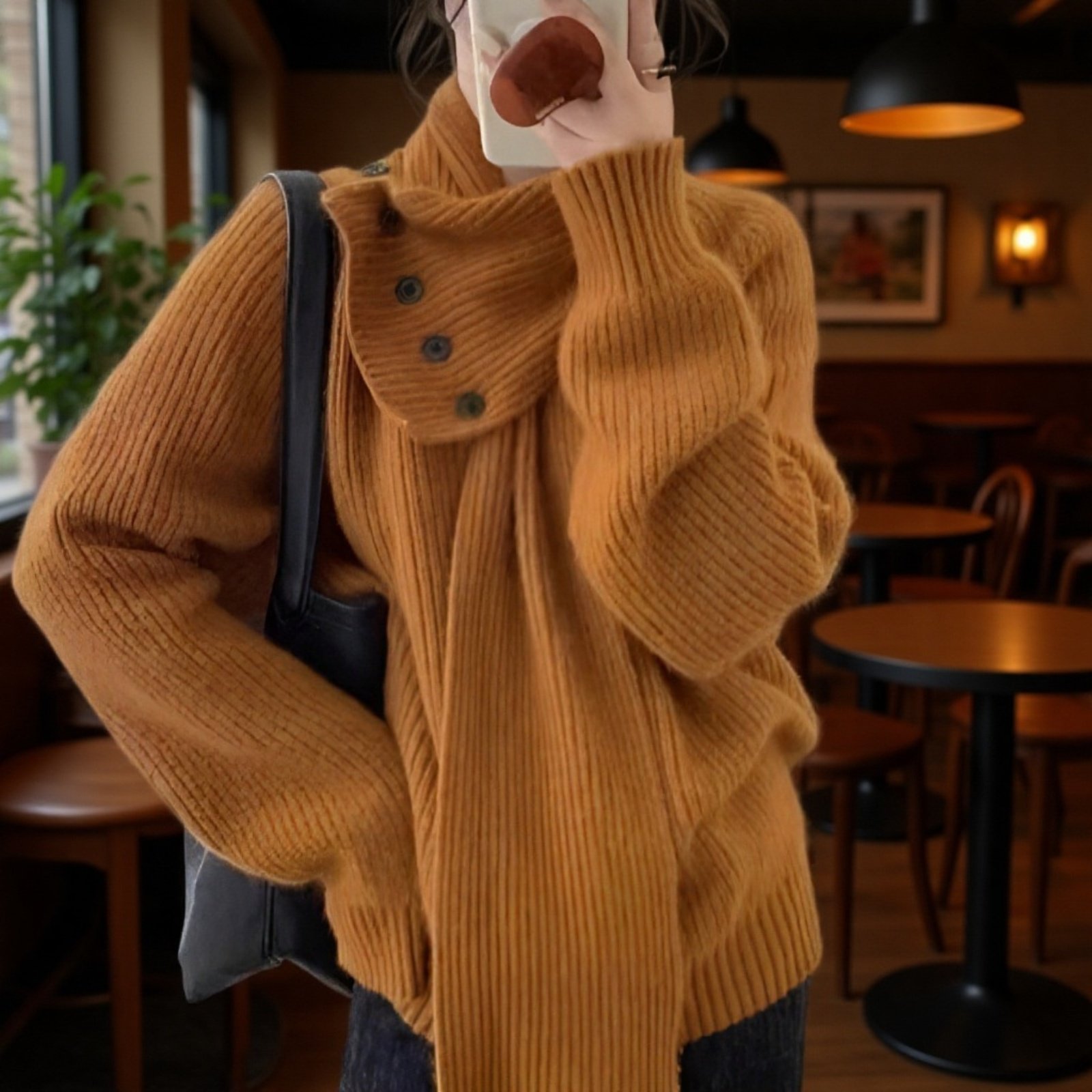 2025年新作 取り外し可能なスカーフ付きVネックセーター レディース 秋冬 ゆったりとしたハイエンドニットトップス