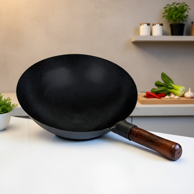 Altmodischer Wok-Topf aus Schmiedeeisen auf dem Herd