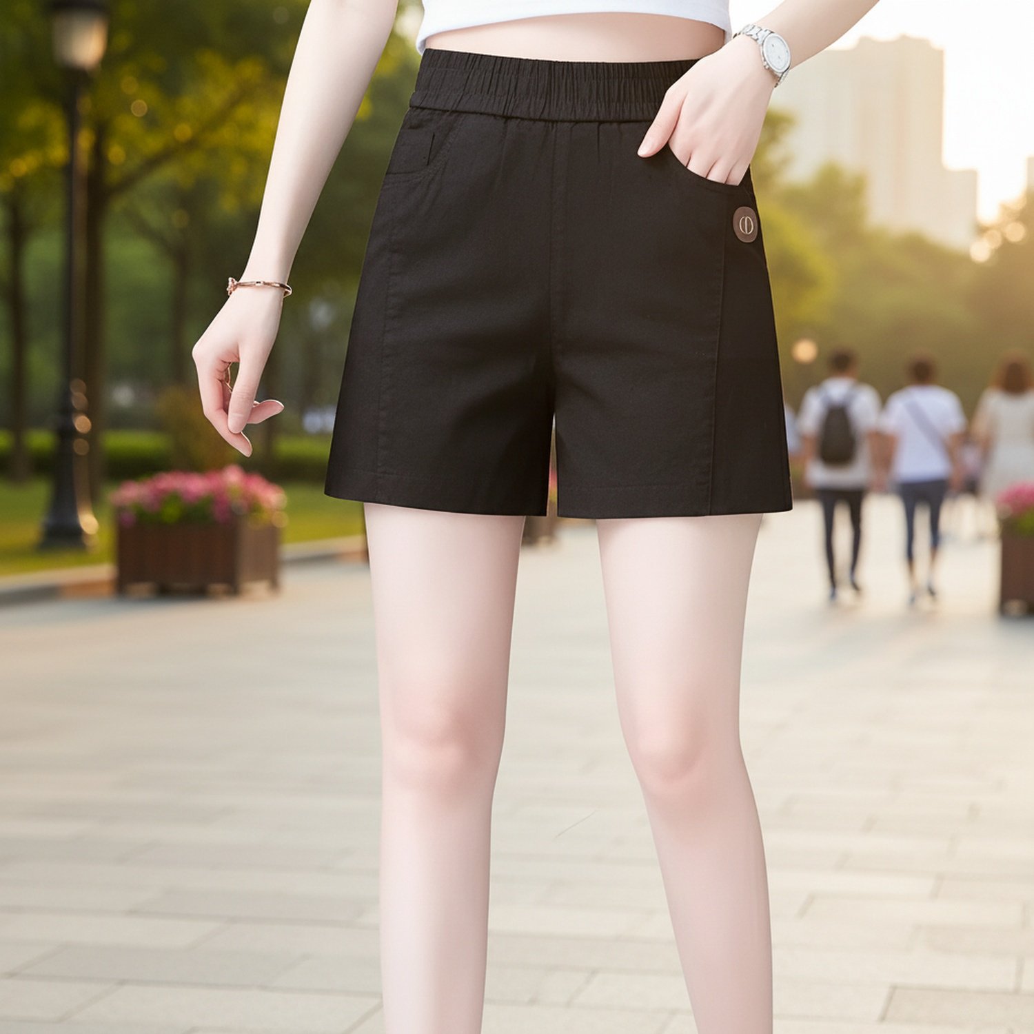 女性用ハイウエストコットンリネンショートパンツ、薄手の夏用リネン五分丈パンツ、ストレートレッグ、ゆったりとしたフィット感、スリムに見え、汎用性が高く、カジュアルで、外出着として適しています。