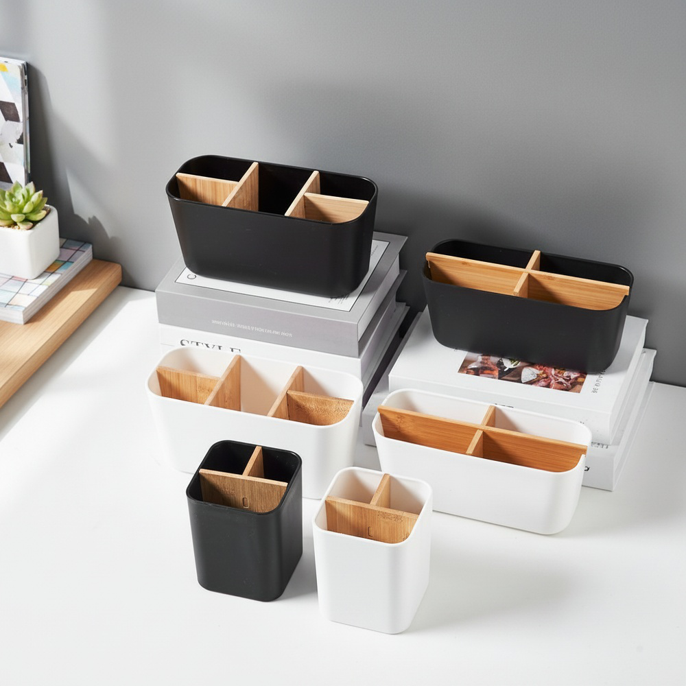 Bambus-Holz-Schreibtisch-Aufbewahrungsbox mit herausnehmbaren Trennfächern