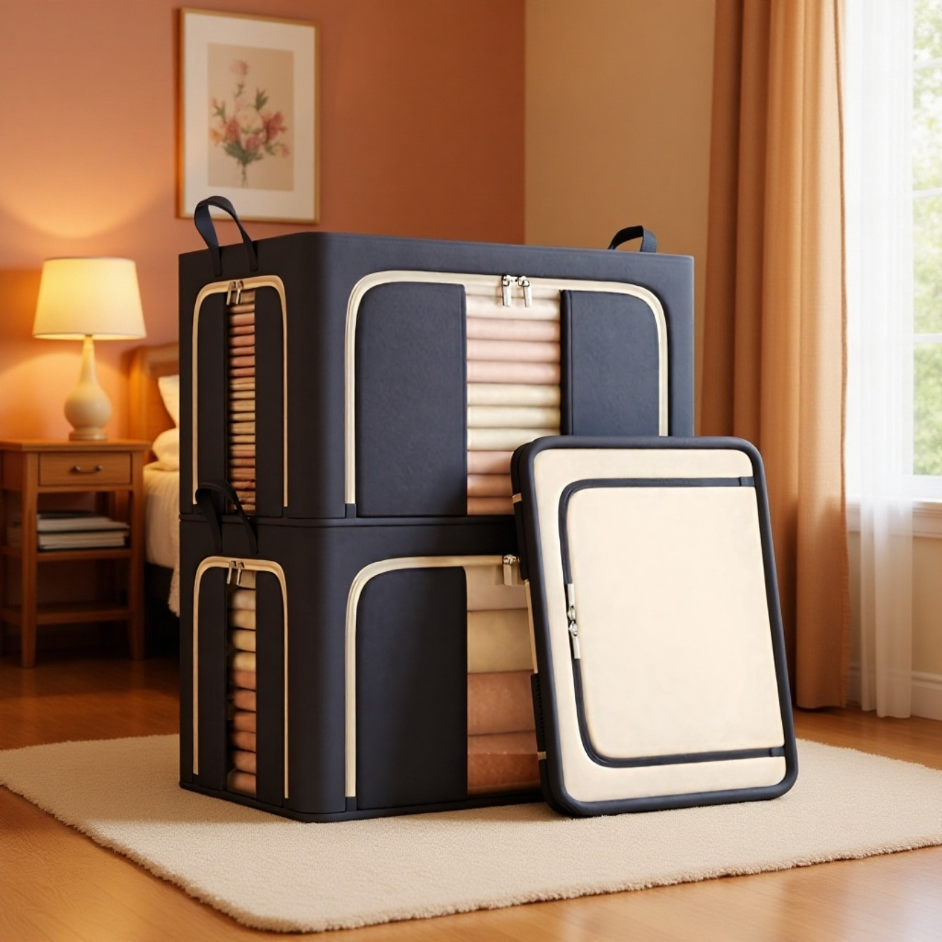 Caja Plegable para Guardar Ropa, Acceso por Tres Lados, Marco de Acero, Apilable, para Edredones