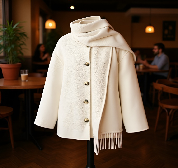 스카프와 코트 일체형 스타일링 예시