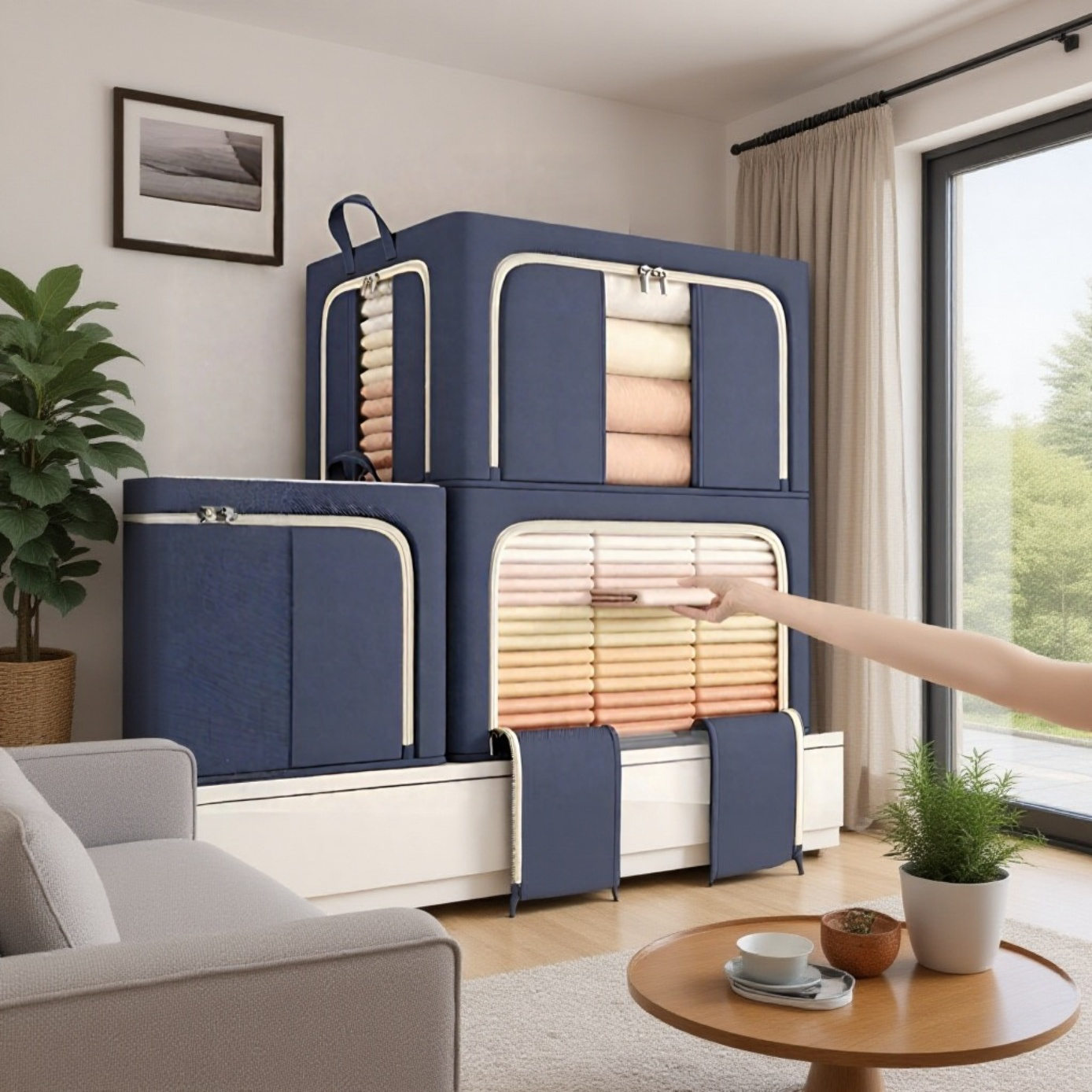 Caja Plegable para Guardar Ropa, Acceso por Tres Lados, Marco de Acero, Apilable, para Edredones