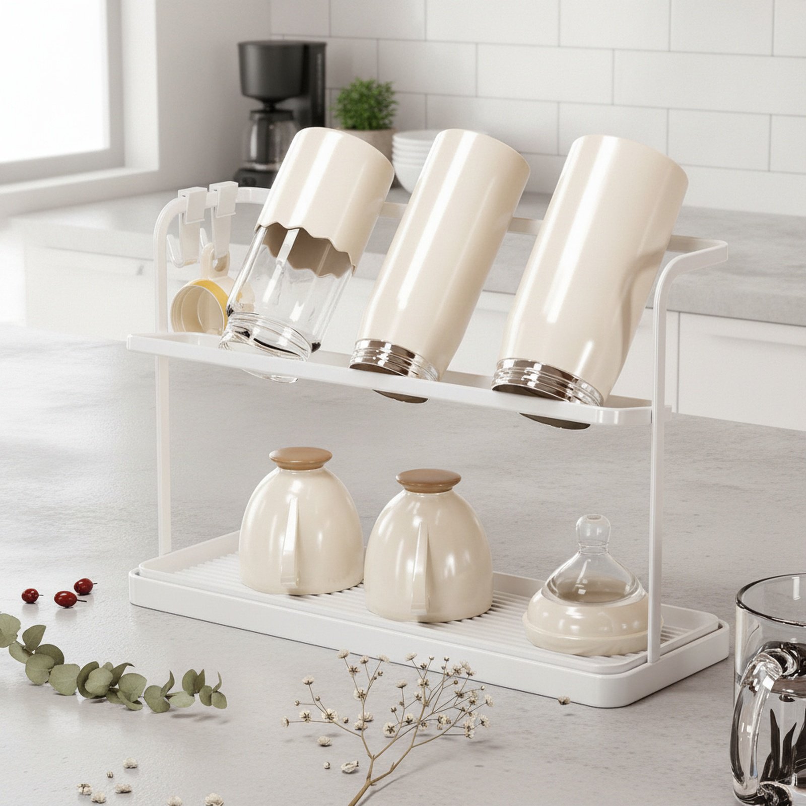 Feng home restaurant kitchen desktop double layer inverted drain cup rack tea set tea cup storage ra
