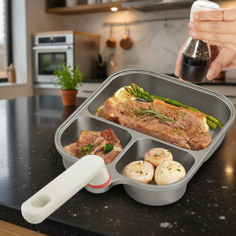Sartén resistente de titanio cocinando huevo frito