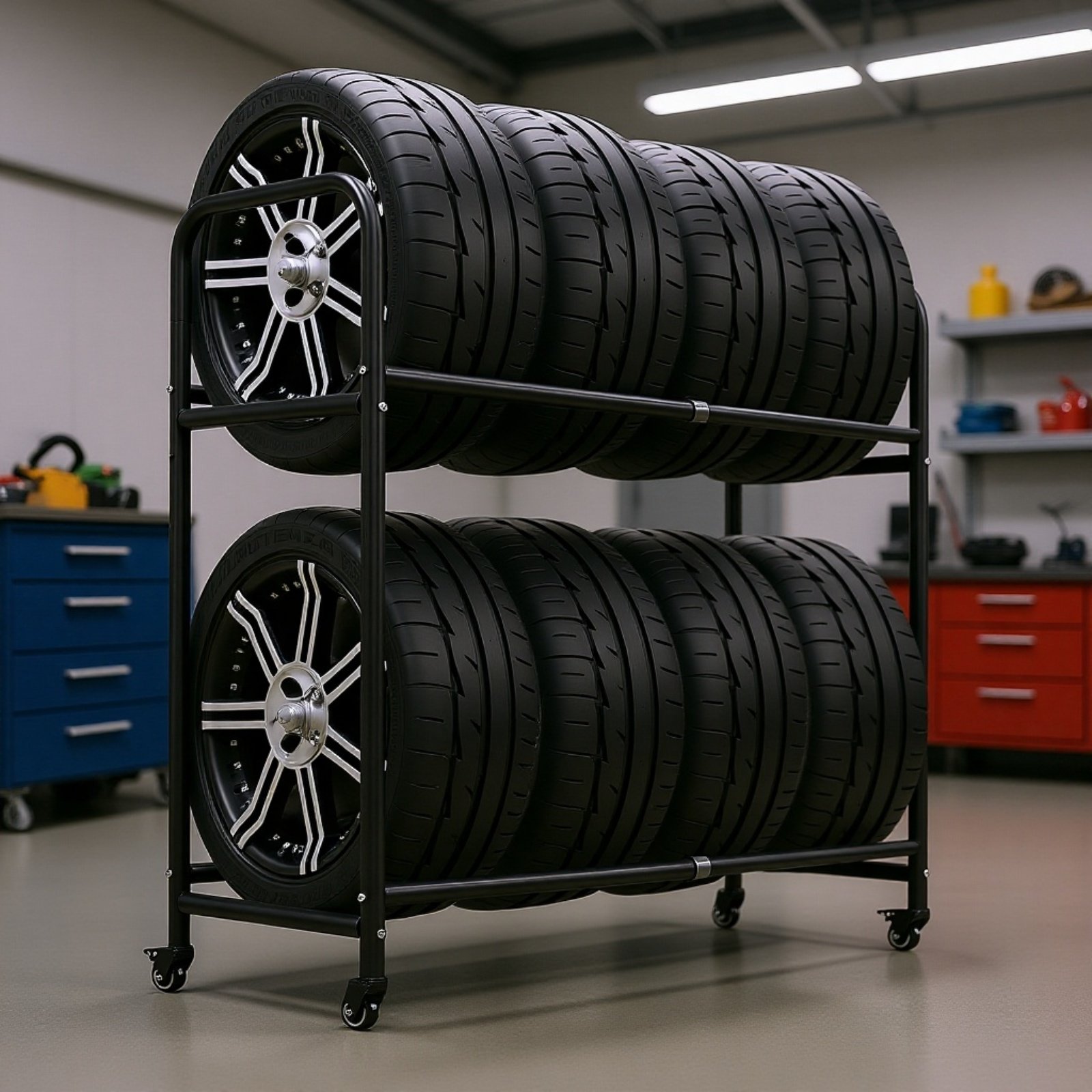 タイヤラックセット 2段タイヤラック 大型 幅108cm 高さ調節可能 タイヤ8個 キャスター付き収納 屋外用タイヤラック タイヤ収納ラック 横揺れ防止 棚幅広 組み立て簡単。