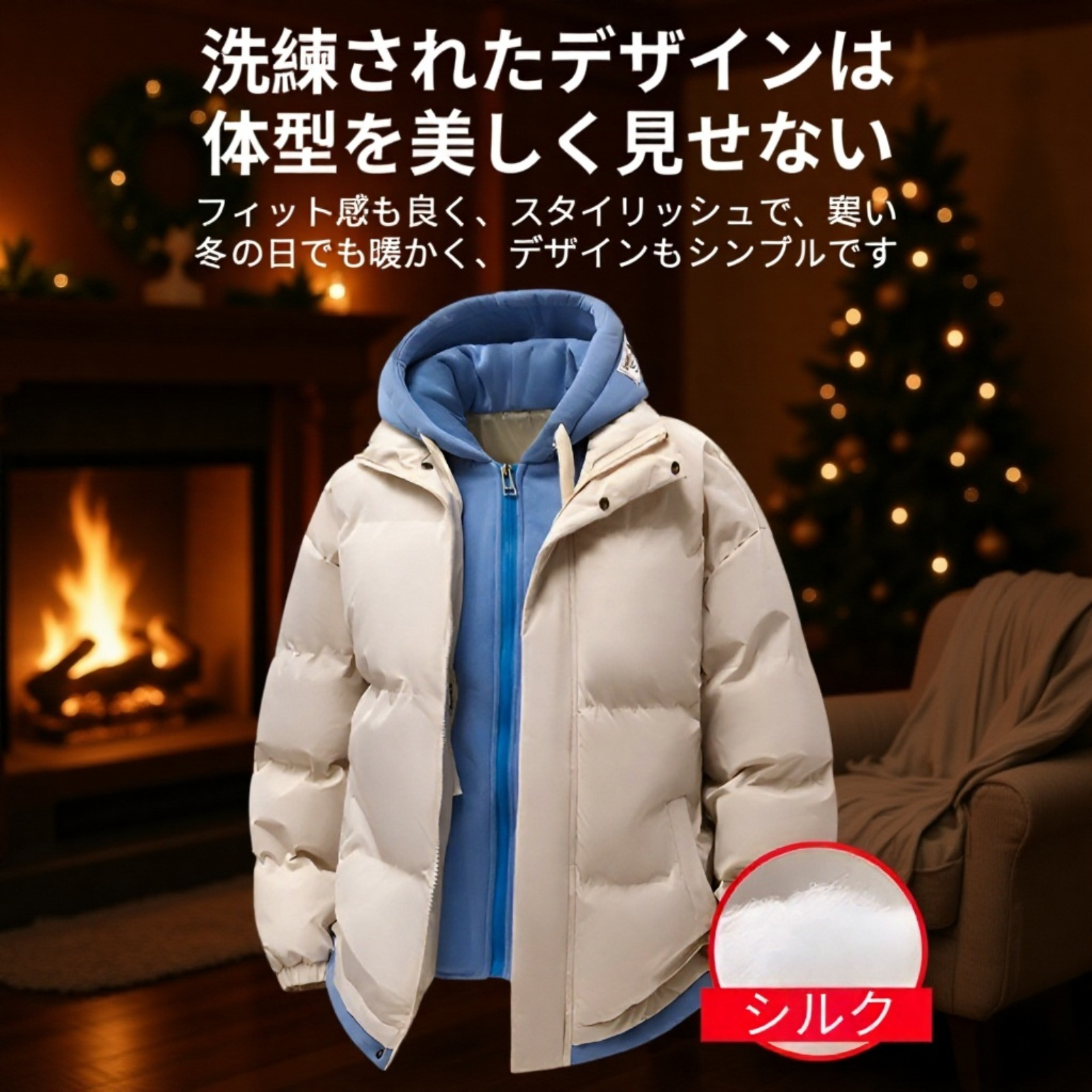 メンズ冬用ゆったりフィット綿入りコート前面画像