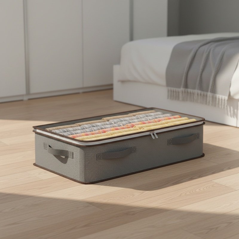 Under-bed storage box, foldable transparent fabric cover, for storing blankets, clothes, shoes, and 