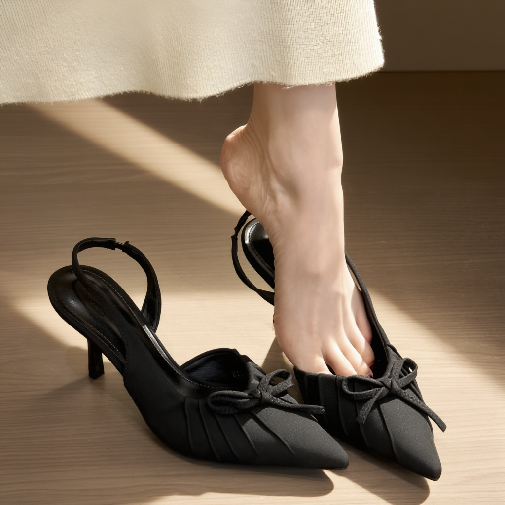 優雅なポインテッドトゥ リボン付きハイヒール