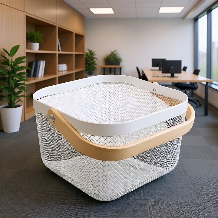 Portable metal mesh fruit basket with wooden handle on kitchen table