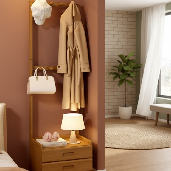 Portemanteau polyvalent avec étagère de rangement et table de chevet, parfait pour la chambre