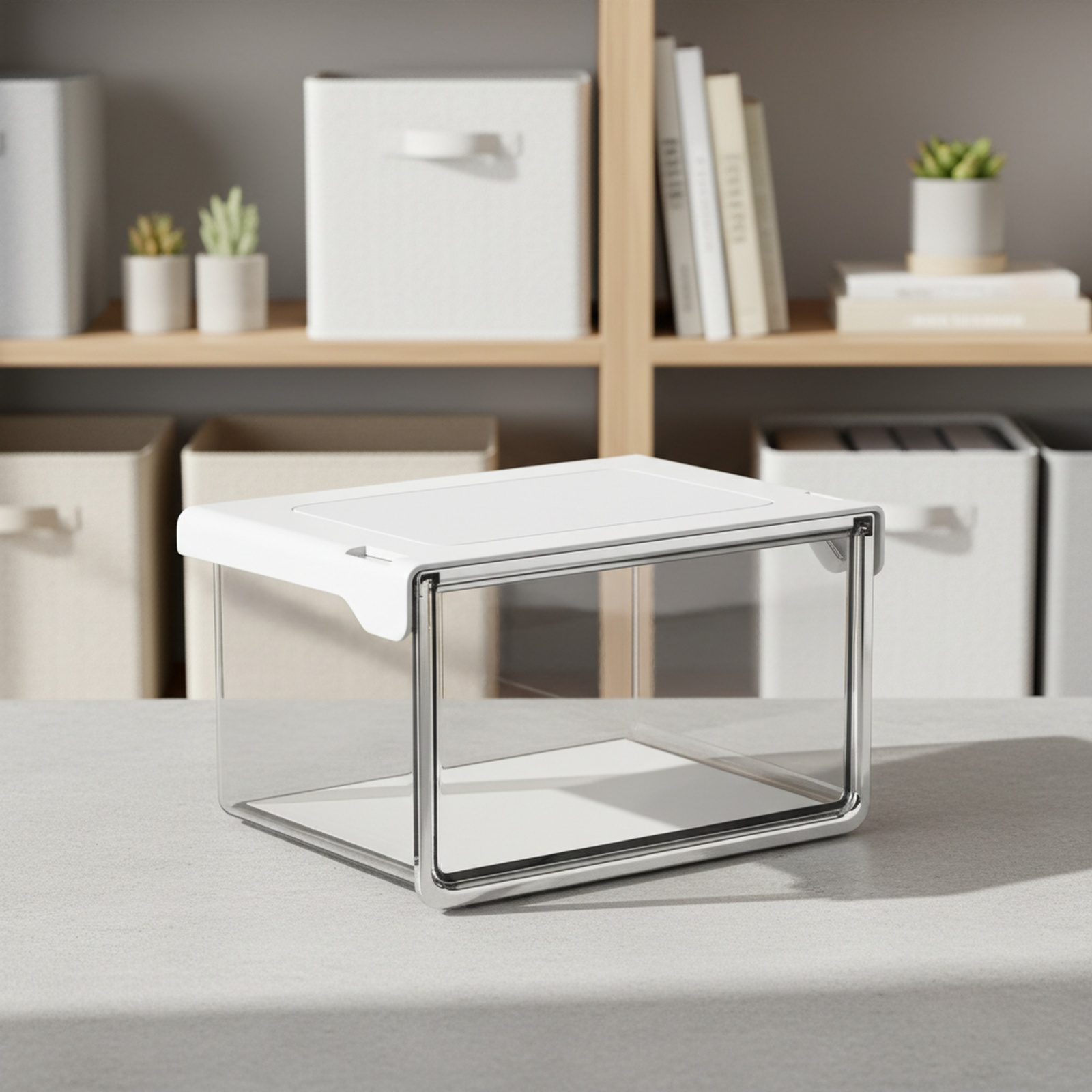 33°の傾斜角度で出し入れしやすいテーブル下収納ボックス。シンプルで透明な引き出し式で、オフィス、トイレ、洗面台、バスルームなどに最適な防水収納ボックスです。