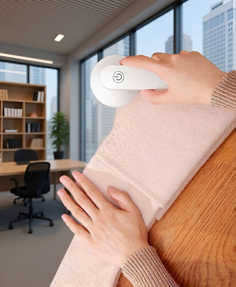 Close-up of fabric shaver removing lint from sweater