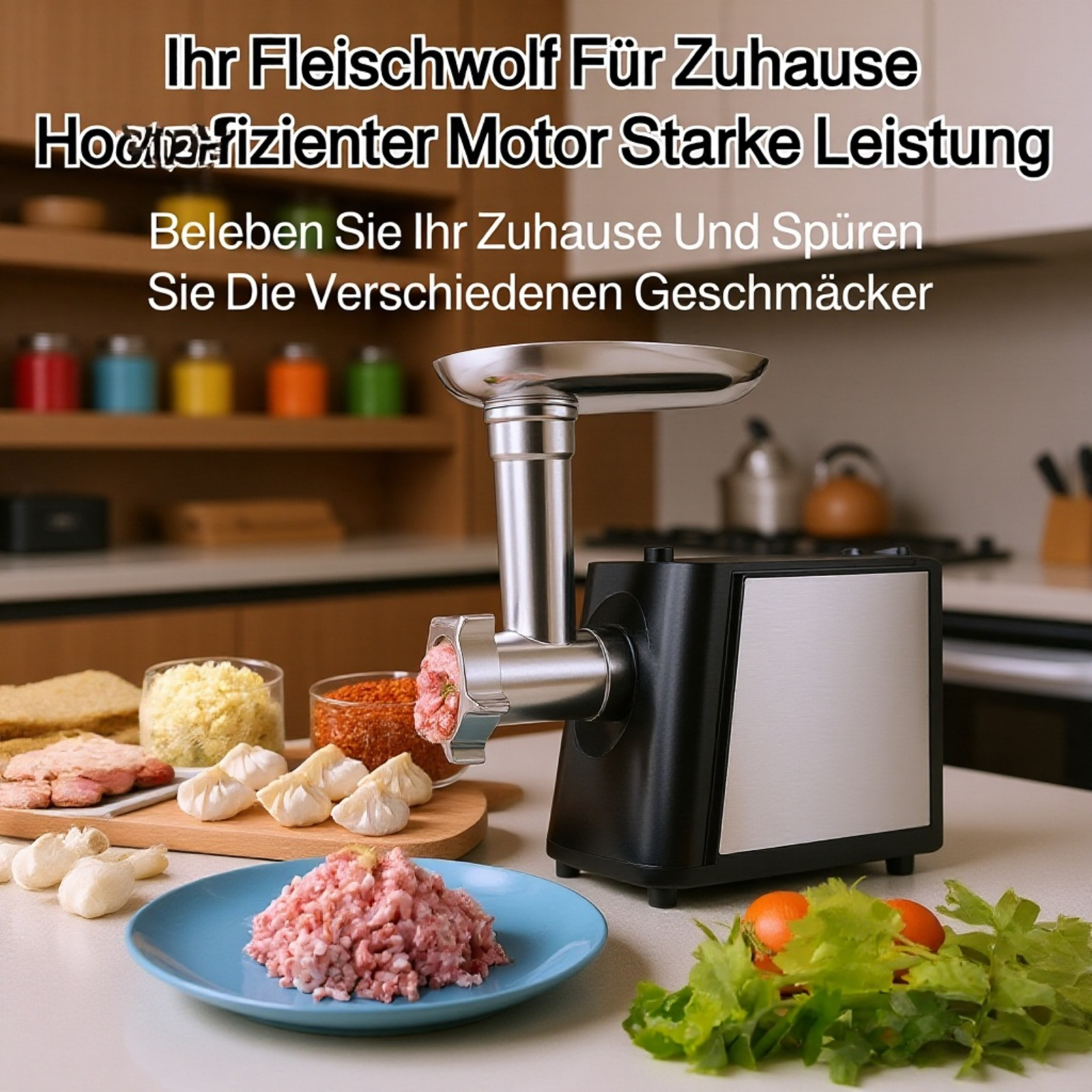 Vollautomatischer elektrischer Fleischwolf aus Edelstahl in moderner Küche