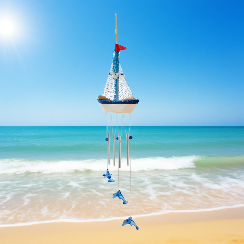 地中海風の風鈴、クリエイティブな風鈴、ボート、家庭用帆船の装飾、木製帆船模型、小型木製ボートの空中ペンダント