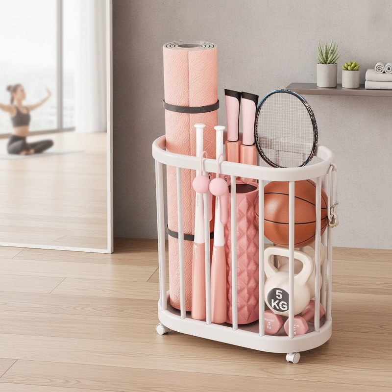 Home Fitness Equipment Storage Frame with Wheels Movable Yoga Mat Tool Storage Basket
