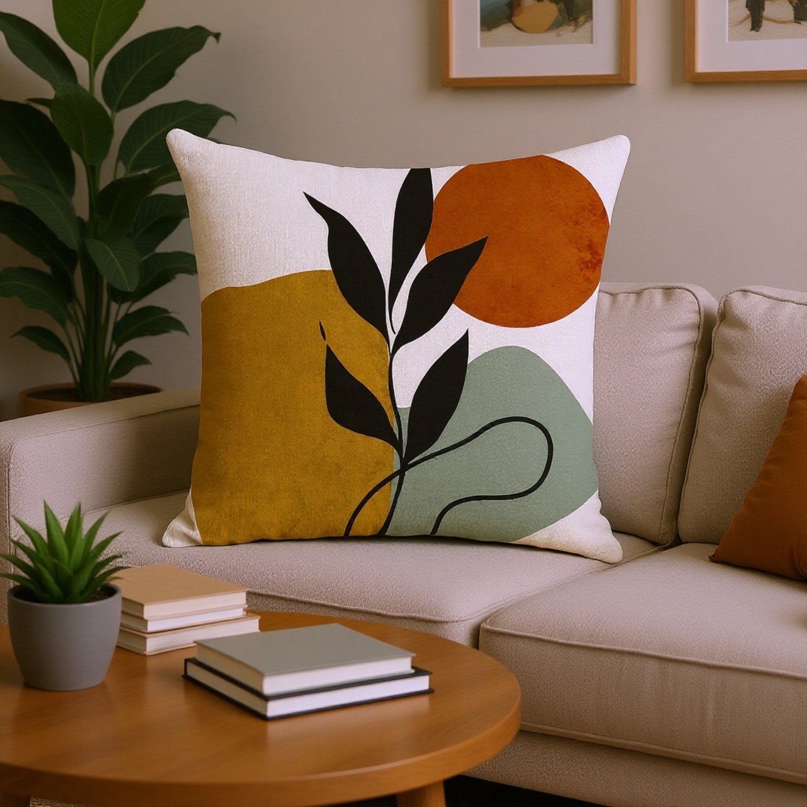 Olive leaf sunset print linen sofa cushion