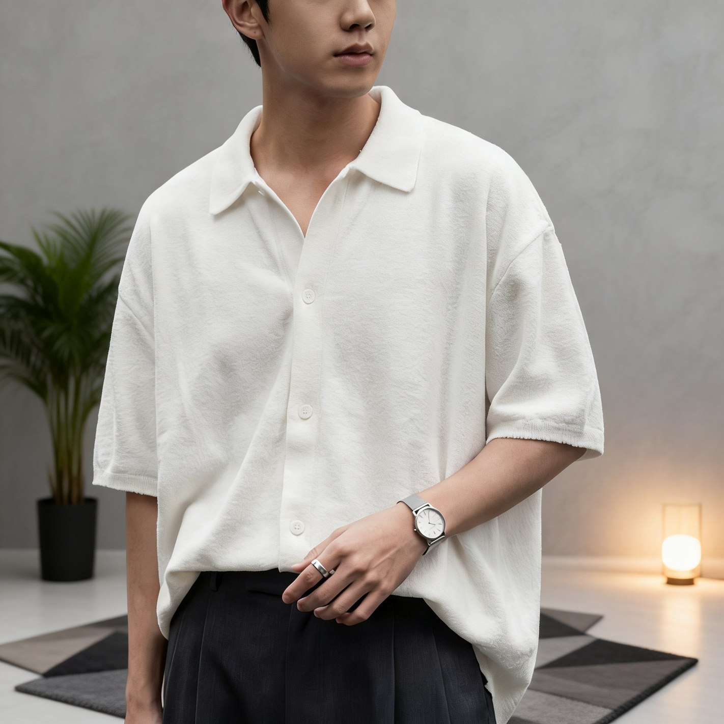 メンズゆったり無地パイルオープンカラー半袖シャツ 春夏バカンス風