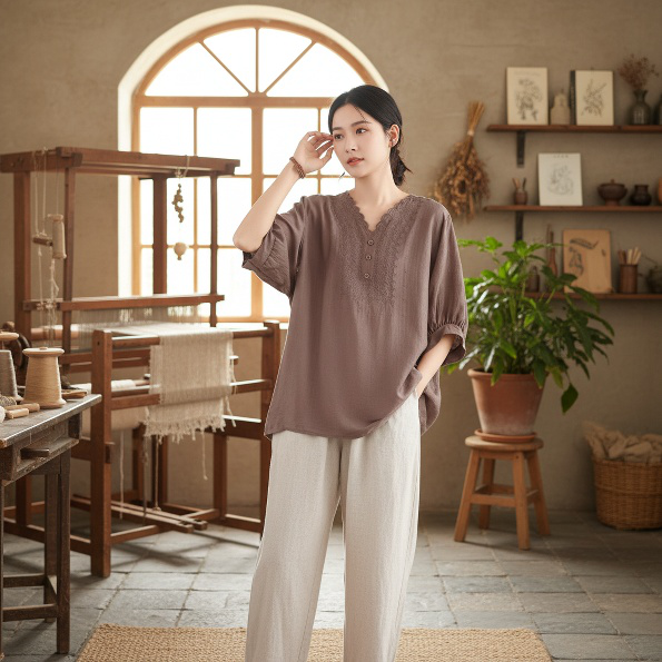 빈티지 루즈핏 빅사이즈 여성 브이넥 여름 상의