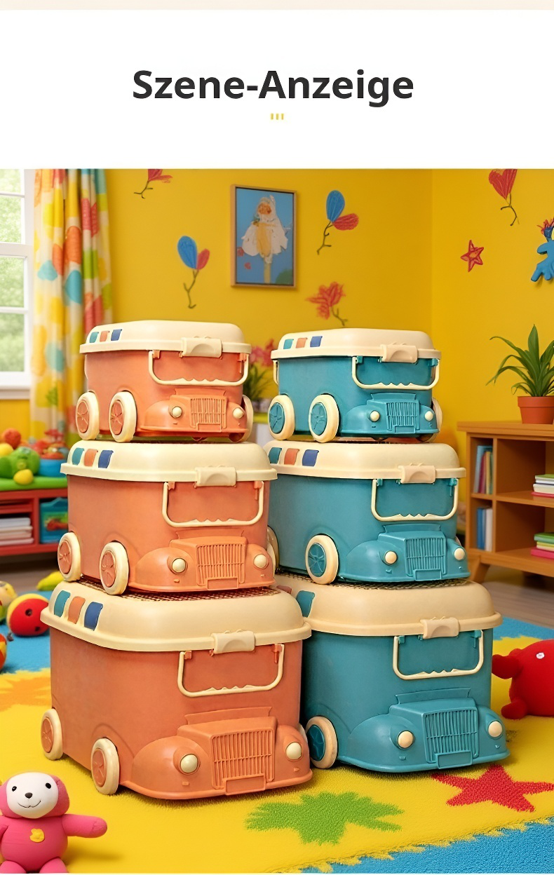 Spielzeug-Aufbewahrungsbox in Lokomotivenform mit offenem Deckel