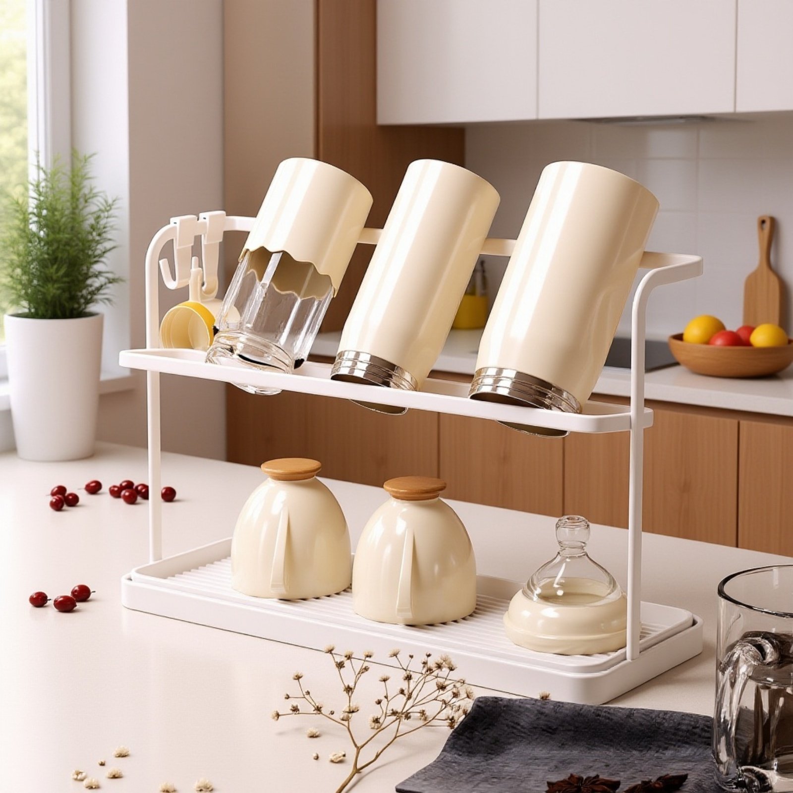 주방 조리대 위에 놓인 이중 레이어 역전 컵 랙