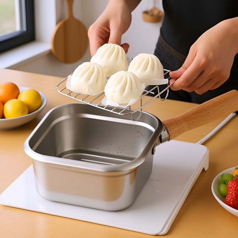 日本製ステンレススクエアフライパン 家庭用麺調理鍋 ミルクポット アウトドアポータブル多機能鍋 天ぷらフライパン