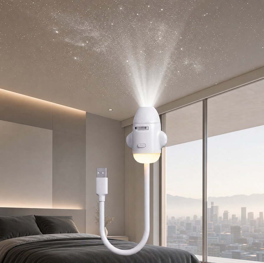 Star projector lamp in a cozy bedroom setting