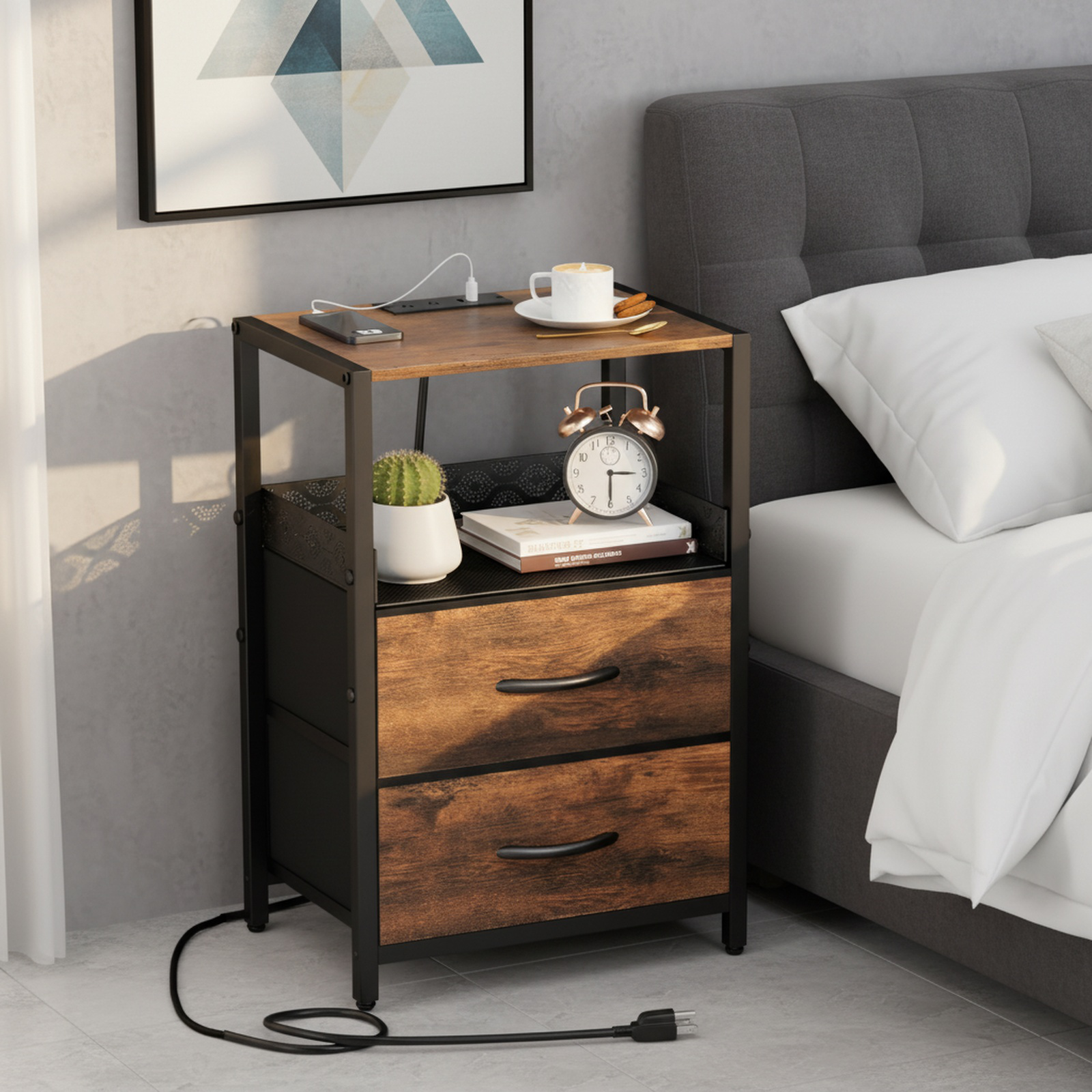 Dreilagiges Aufbewahrungsregal mit integrierter Ladestation und USB-Port, mit Schublade
