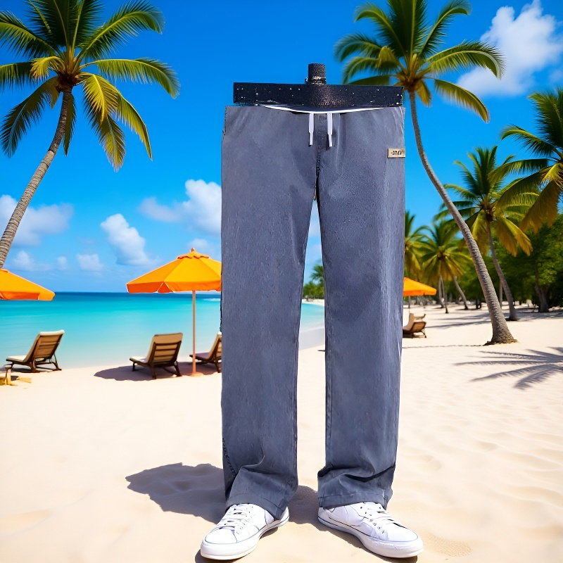 テンセルジーンズメンズ夏薄手2024新作トレンドブランドワイドレッグアイスシルクルーズストレートカジュアルパンツメンズ