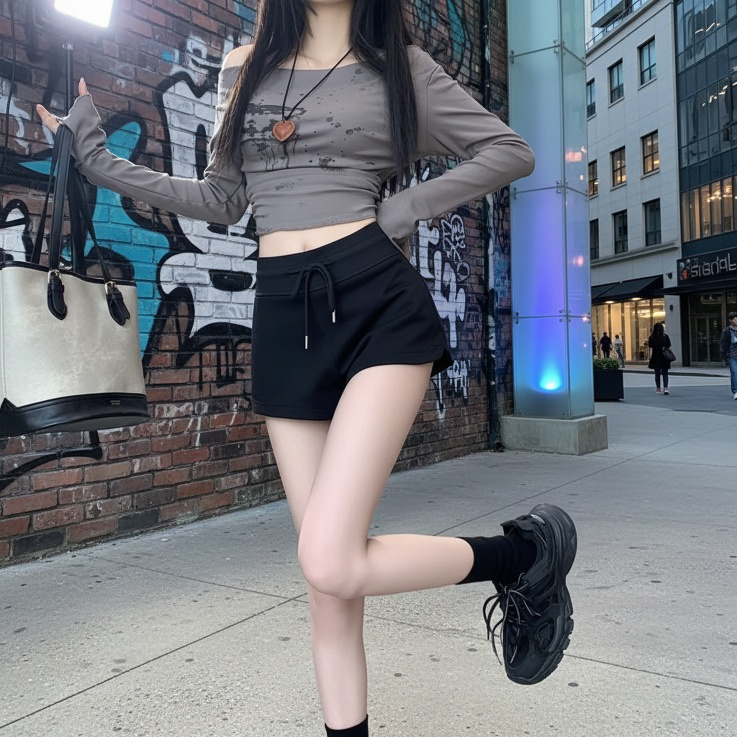 키작은 여자 반바지 슬랙스 통바지 솔리드 하이웨스트 와이드 팬츠 캐주얼 반바지 여성복
