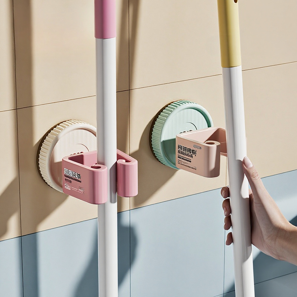 화장실 문 뒤 벽걸이 밀대걸이 편리한 빨판 펀치프리 벽걸이 벽수납 미끄럼방지 밀대걸이 벽수납선반