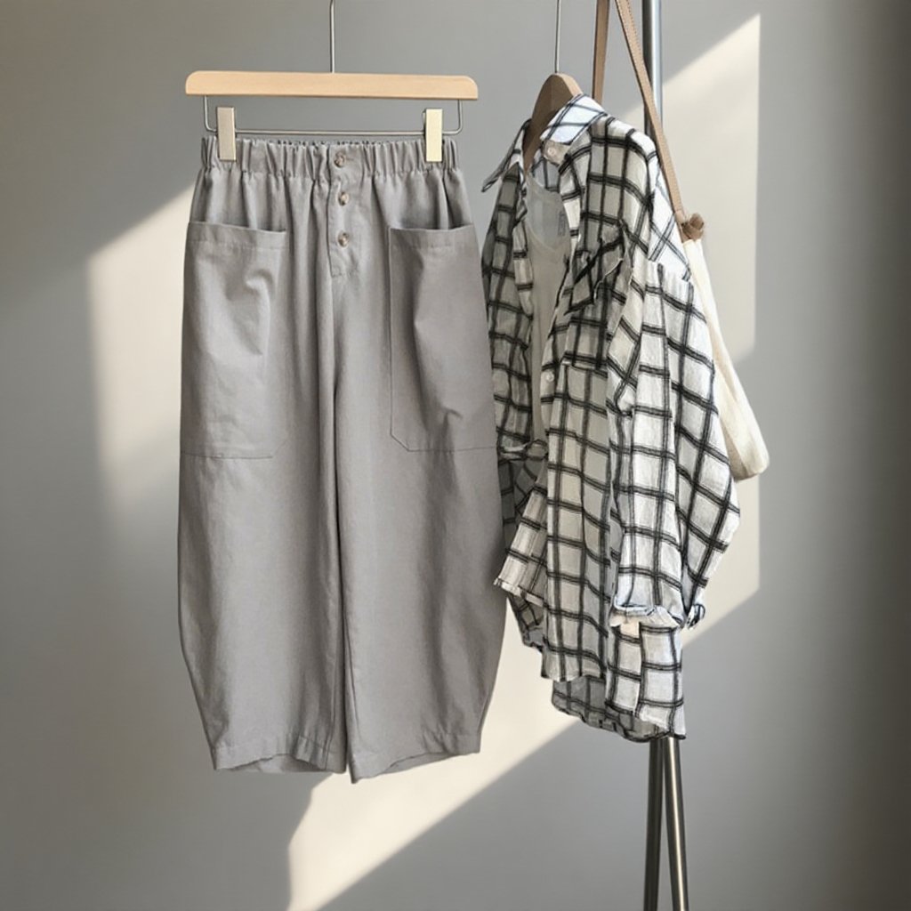 【7分丈ワイドパンツ】綿　吸汗　通気　快適　大きめポケット　ゴムウエスト