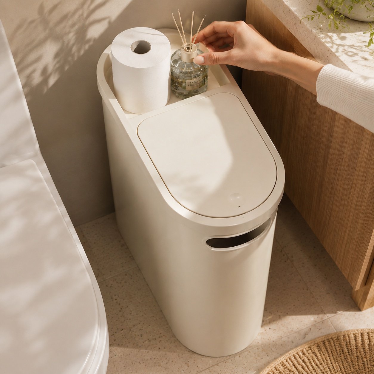 Space-saving press-to-open trash bin for small spaces