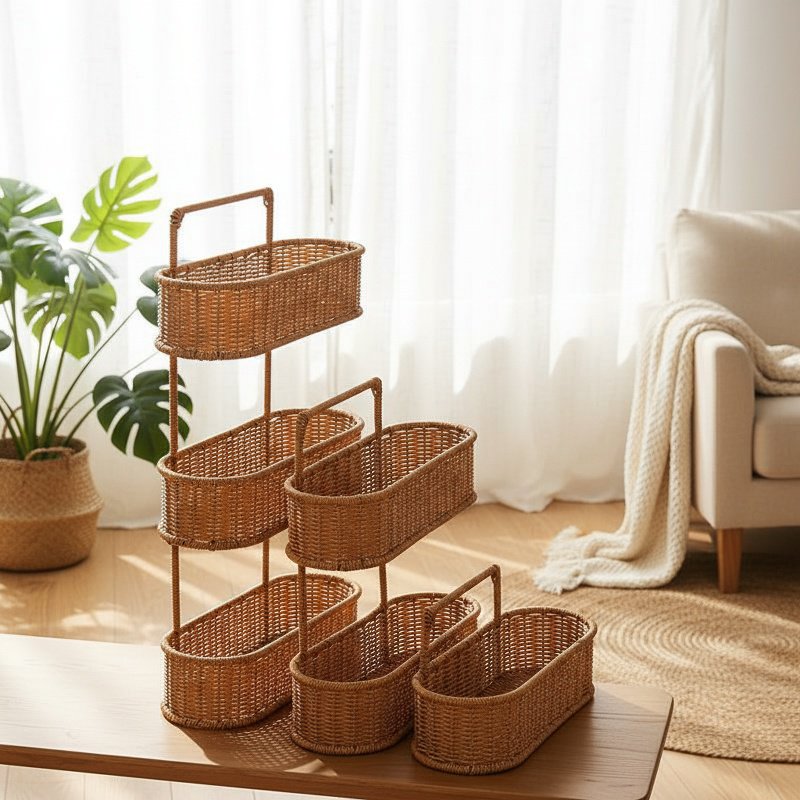 Imitation Rattan Style Bathroom Rack No-Drill Multi-Purpose Organizer