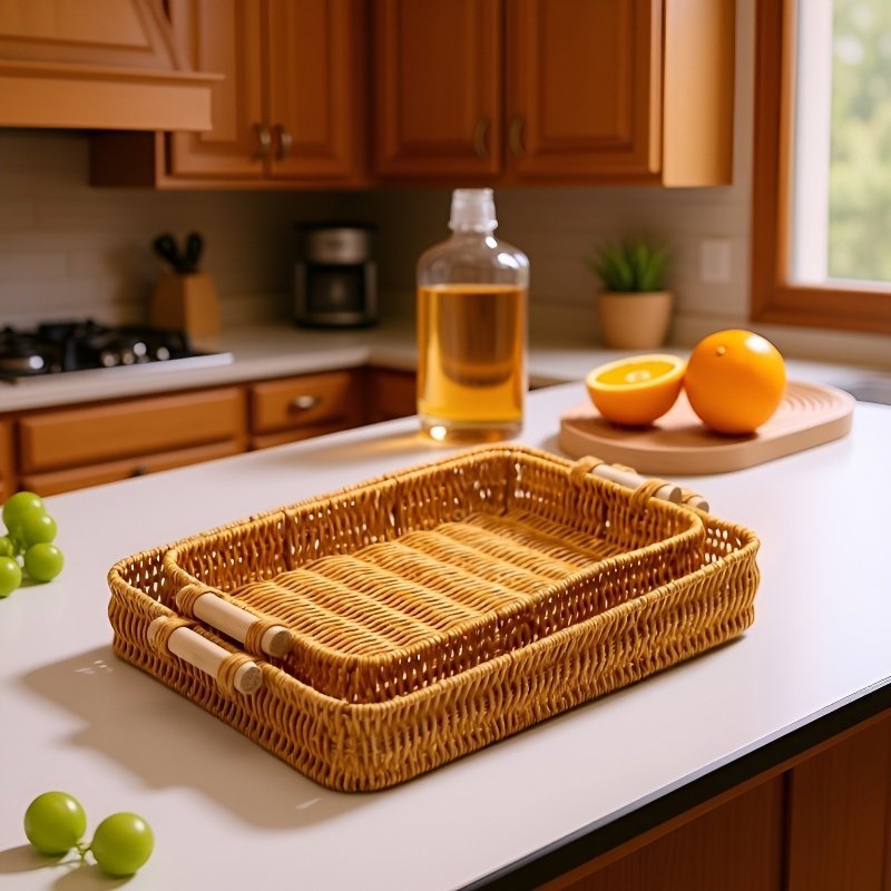 Vista superior de cesta de ratán rectangular vacía