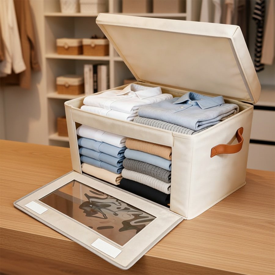 Durable fabric storage box with transparent lid