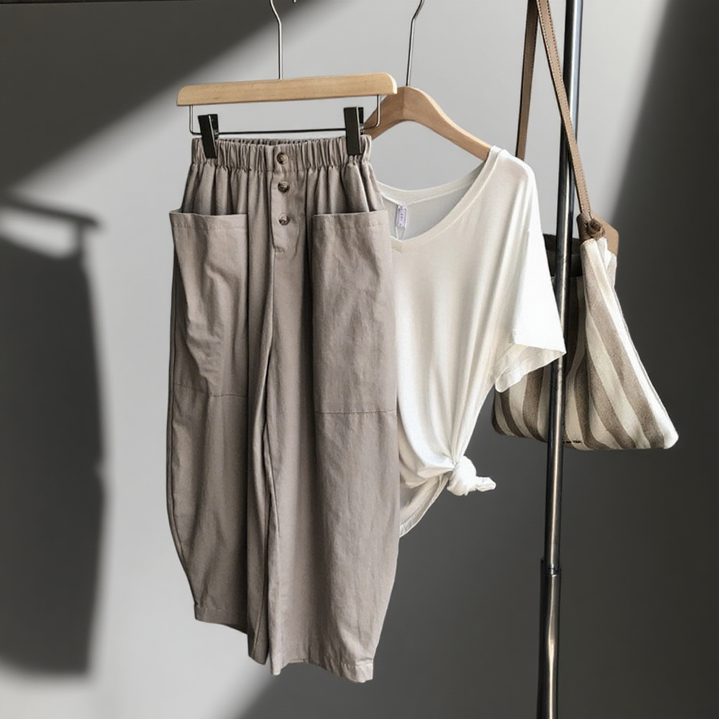 【7分丈ワイドパンツ】綿　吸汗　通気　快適　大きめポケット　ゴムウエスト