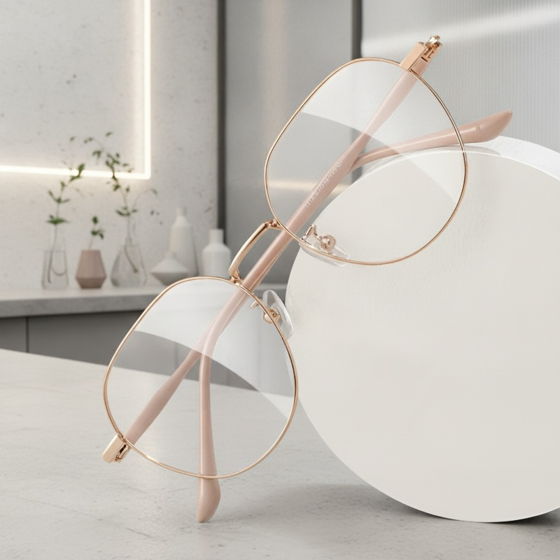 Modern rose gold reading glasses with unique frame shape