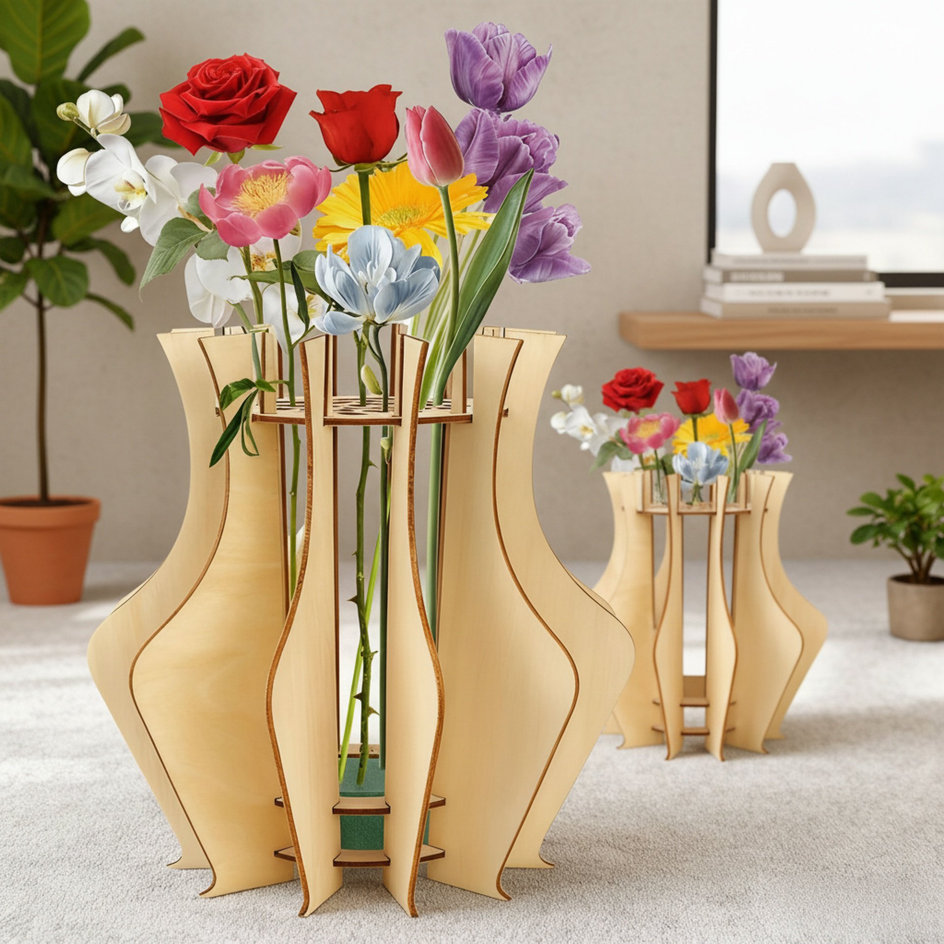 Holz-Puzzle-Vasenständer für Zuhause, Bürodeko Blumenvase