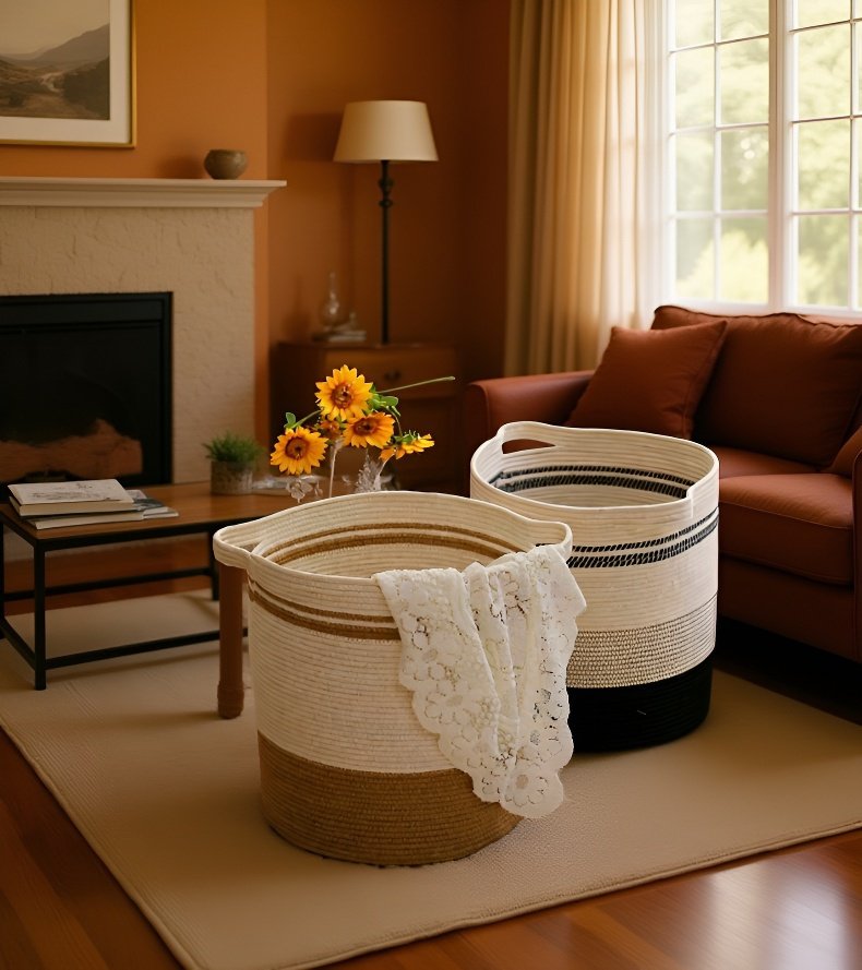 سلة منسوجة بحبل قطني متينة وسهلة الحمل