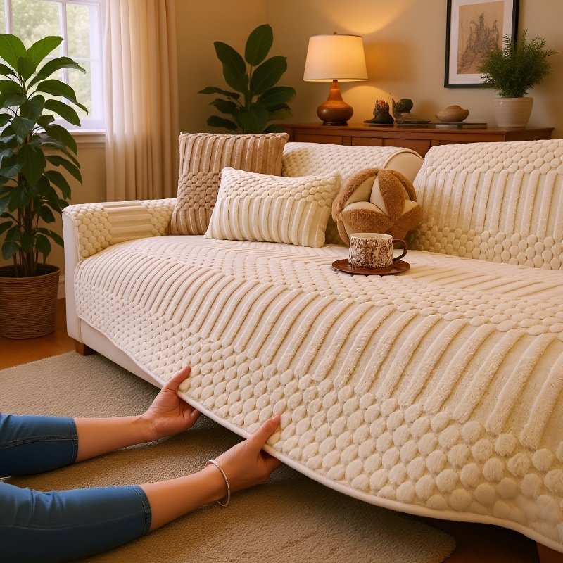 Rutschfester Sofabezug aus Leder mit Plüschpolster auf modernem Sofa