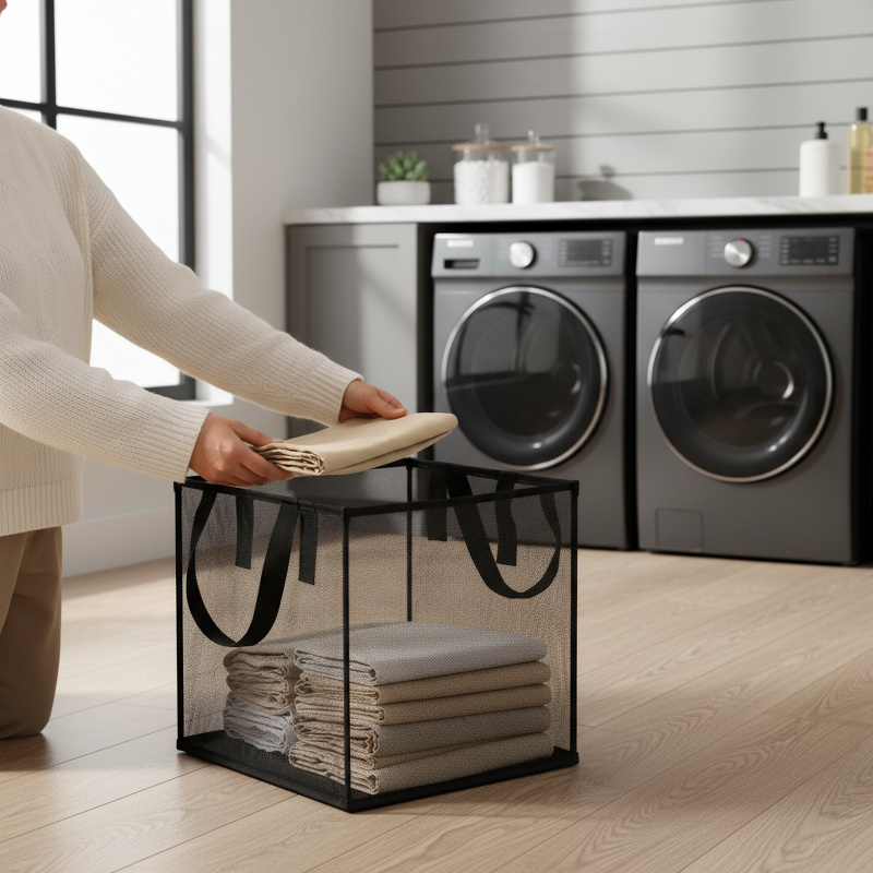 Spacious mesh laundry basket for easy clothes sorting