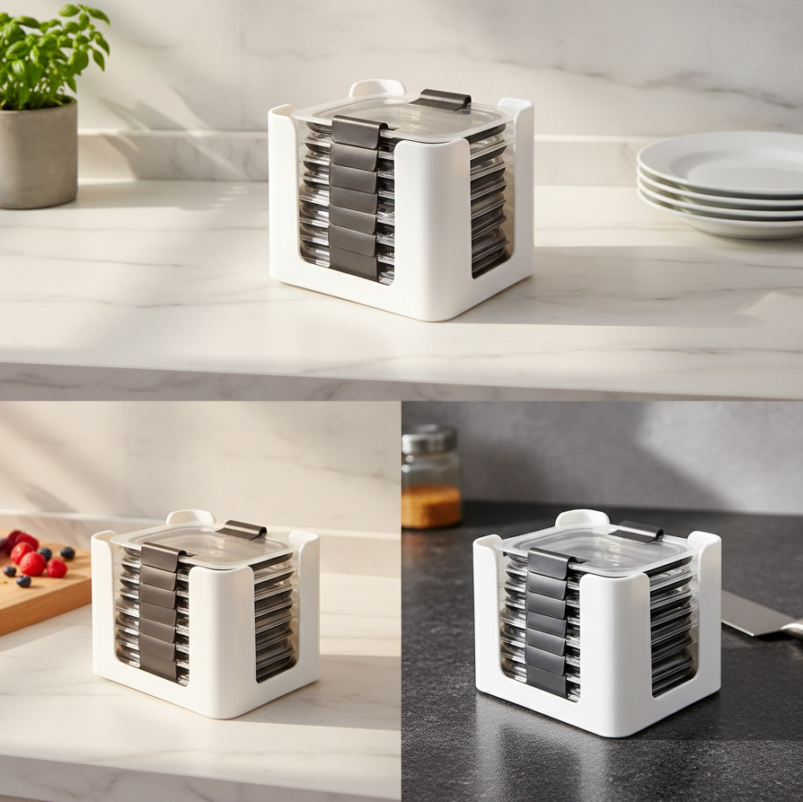 Adjustable rack holding various food container lids