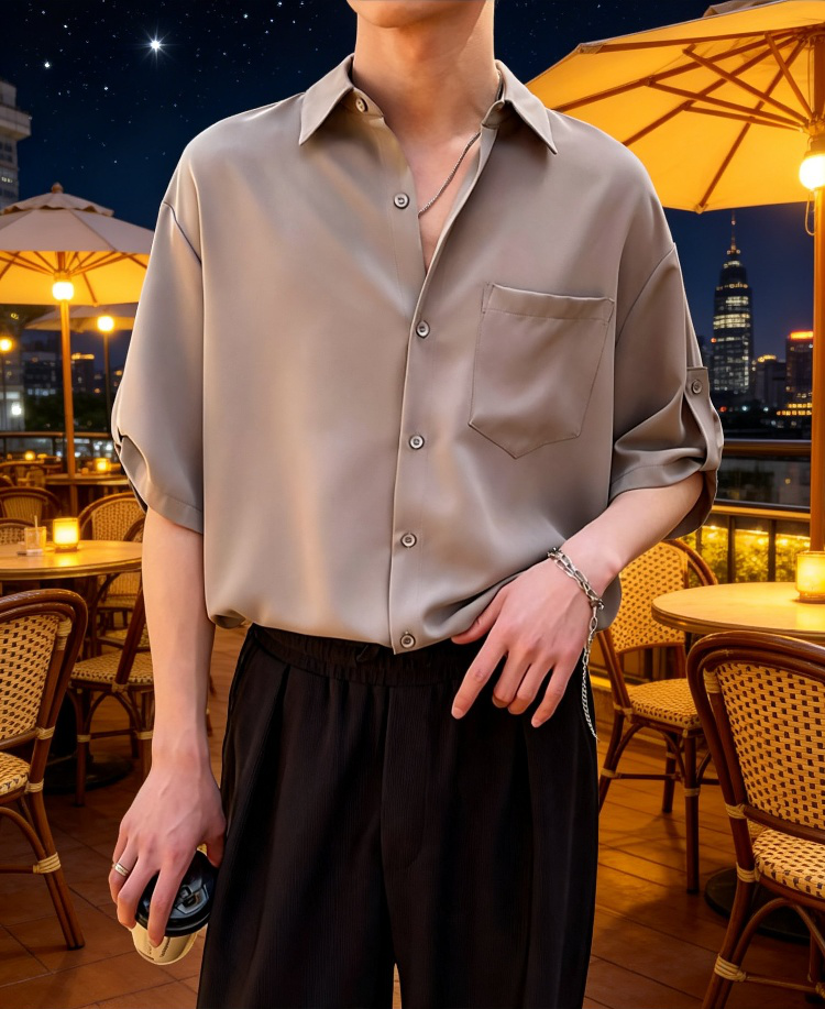 남성 아이스 실크 셔츠 디테일 확대 이미지