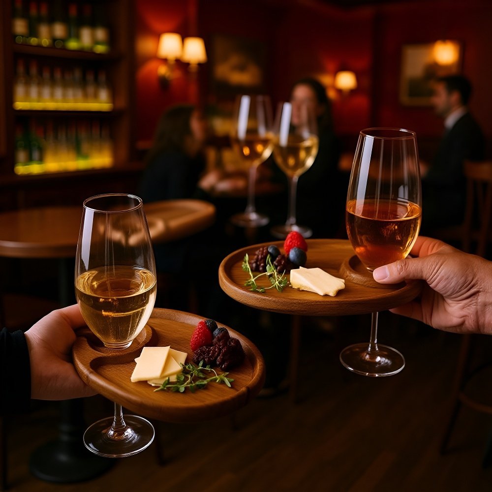 おしゃれな木製パーティートレイにシャンパングラスとフードが並ぶ