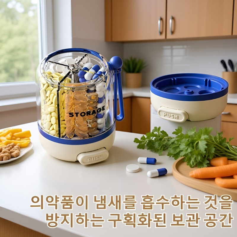 압착식 휴대용 분약통 1일 3식 7일 칸 원형 약품 소분함